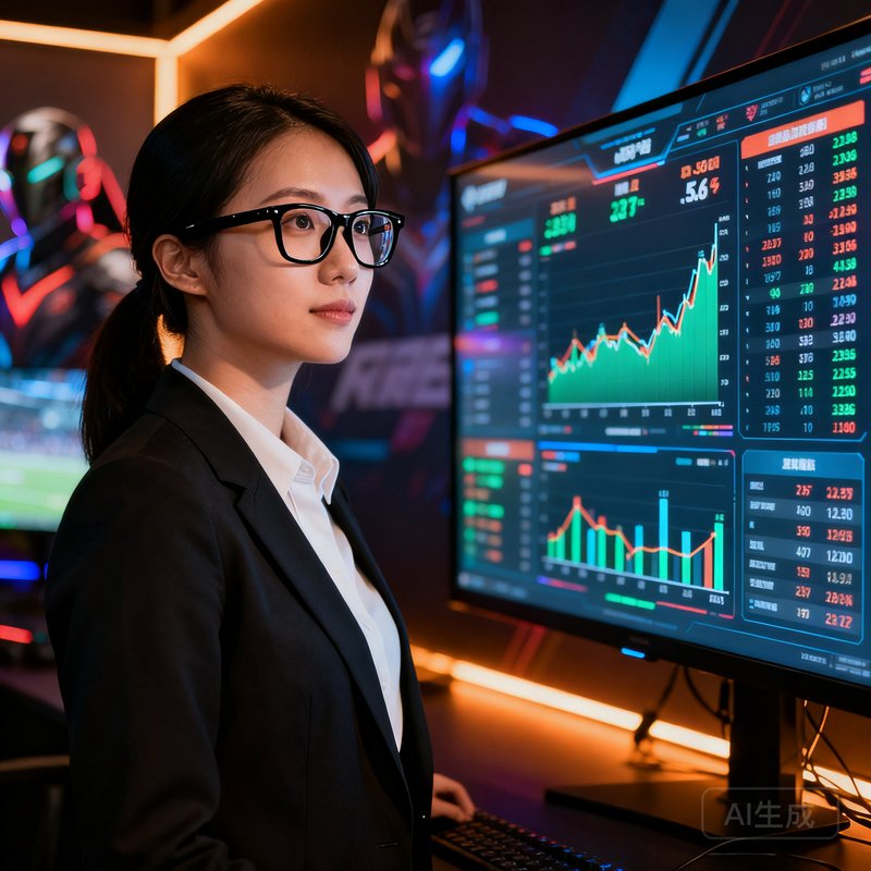 开运电竞首席数据科学家肖像，一位戴黑框眼镜的亚洲女性，站在数据可视化大屏前，屏幕上展示着复杂的赛事数据图表